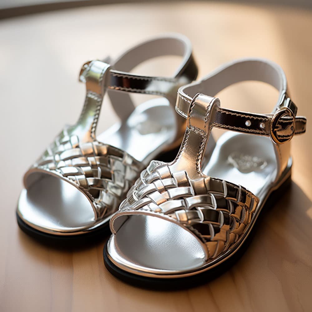 a pair of silver kids sandals with metallic material